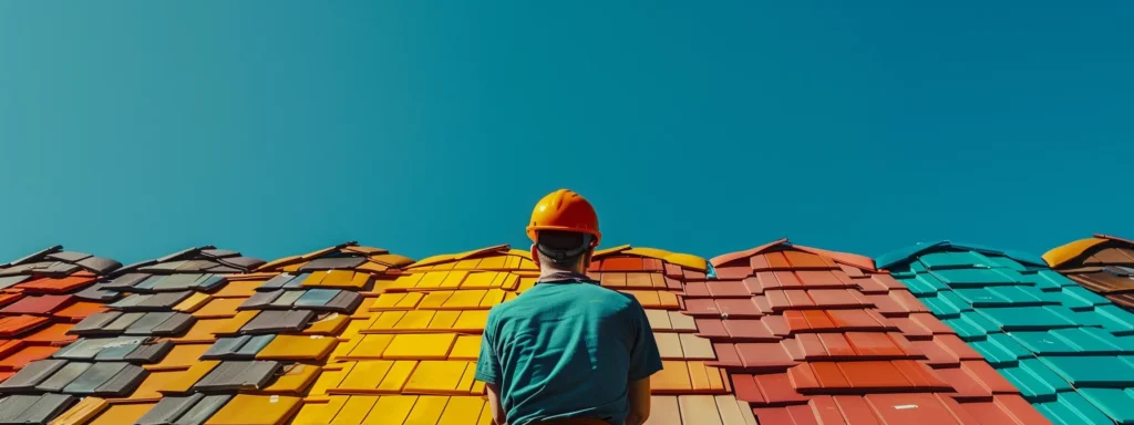 a construction worker looking up at a row of colorful shingled roofs against a bright blue sky.