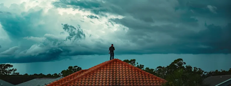 a roofer in jacksonville inspecting a sturdy red roof under stormy skies.