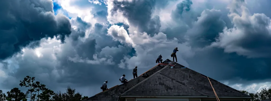 a team of skilled roofers in jacksonville swiftly replacing a damaged roof under stormy skies.