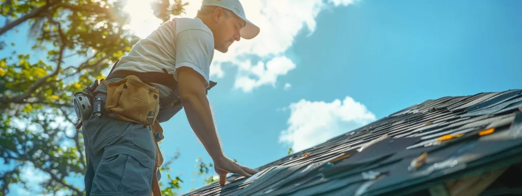 a skilled roofer examining a weathered shingle roof under the bright florida sun.