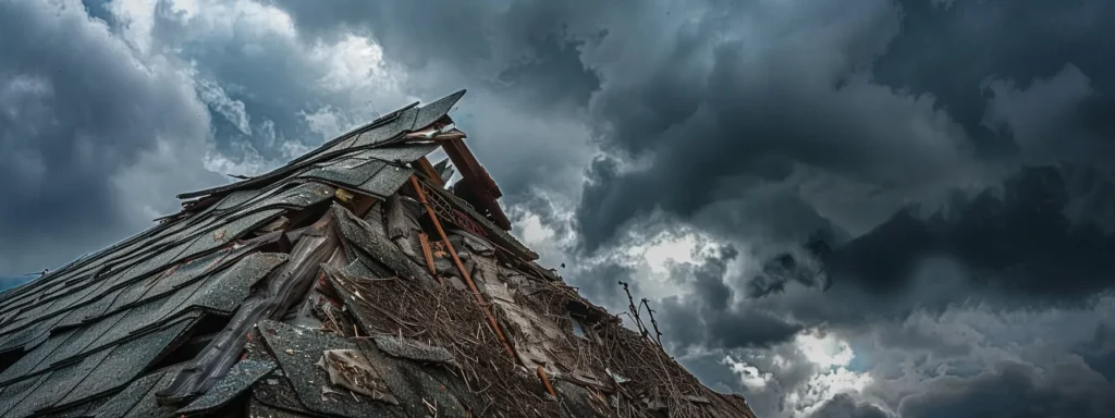 a tattered shingle hanging precariously off a roof in jacksonville under stormy skies.