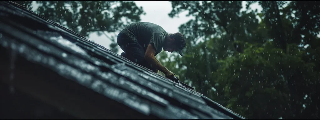 a roofer repairing a leaking roof under heavy rain in jacksonville.