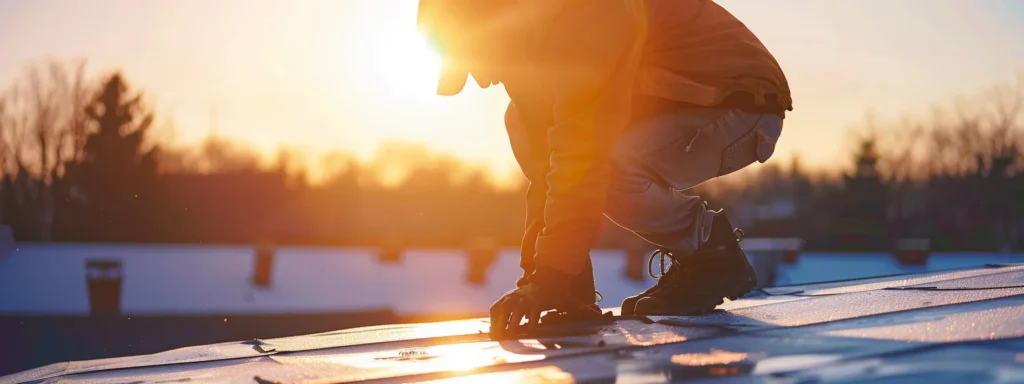 a skilled roofer sealing a leak with precision and expertise on a sunlit rooftop.