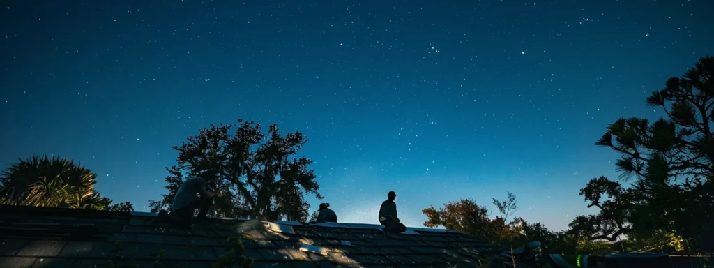 a team of roofers working diligently under the stars, repairing a damaged roof during a moonlit night in jacksonville.