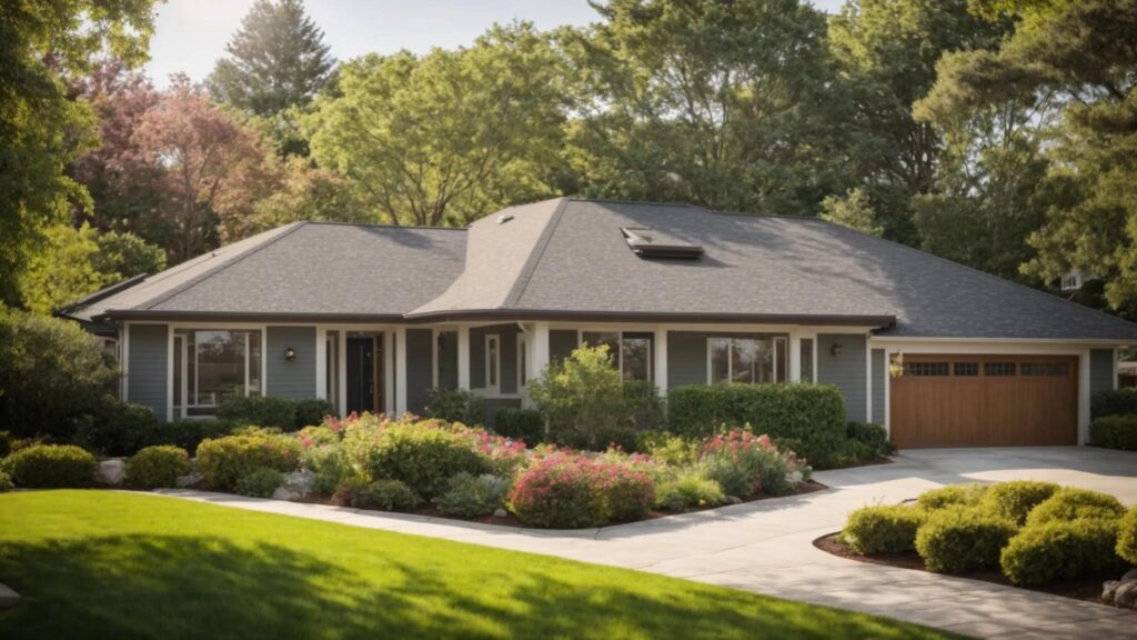 a beautifully renovated home showcases a pristine, freshly installed roof glistening in the sunlight, surrounded by vibrant landscaping that highlights its enhanced curb appeal.