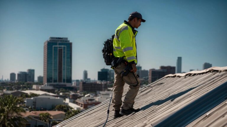 a determined roofer stands atop a sunlit jacksonville roof, inspecting the structure with a confident gaze, embodying the theme of home safety and security against a backdrop of clear blue skies.