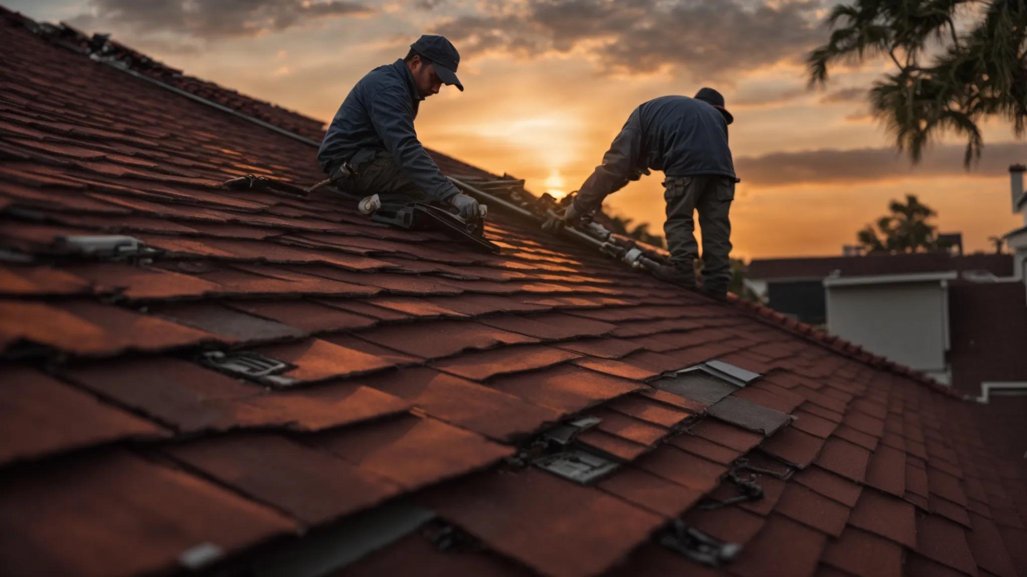 a dramatic scene captures a skilled roofer diligently repairing a weathered rooftop under a vibrant sunset sky, showcasing the urgency and expertise required for emergency roofing repair.