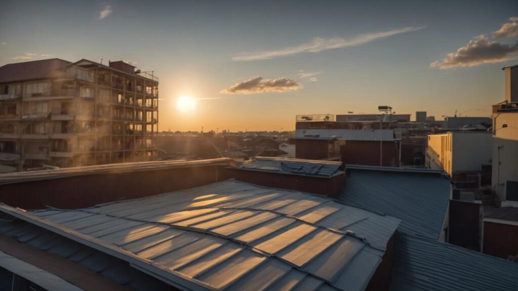 a meticulously constructed rooftop gleams under the golden sunlight, showcasing the craftsmanship and quality of roofing repairs in jacksonville, framed against a clear blue sky.