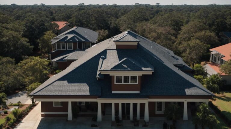 a stunning aerial view of a pristine, well-maintained roof glistening under the warm sunlight, showcasing the craftsmanship and reliability of jacksonville's top roofing professionals.