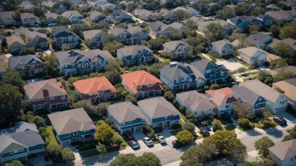 a stunning aerial view of a vibrant jacksonville neighborhood showcasing a diverse range of roofs, with a clear blue sky in the background, emphasizing the contrast between well-maintained rooftops and those in need of repair or replacement.