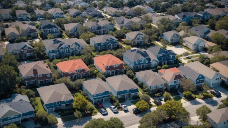 a stunning aerial view of a vibrant jacksonville neighborhood showcasing a diverse range of roofs, with a clear blue sky in the background, emphasizing the contrast between well-maintained rooftops and those in need of repair or replacement.