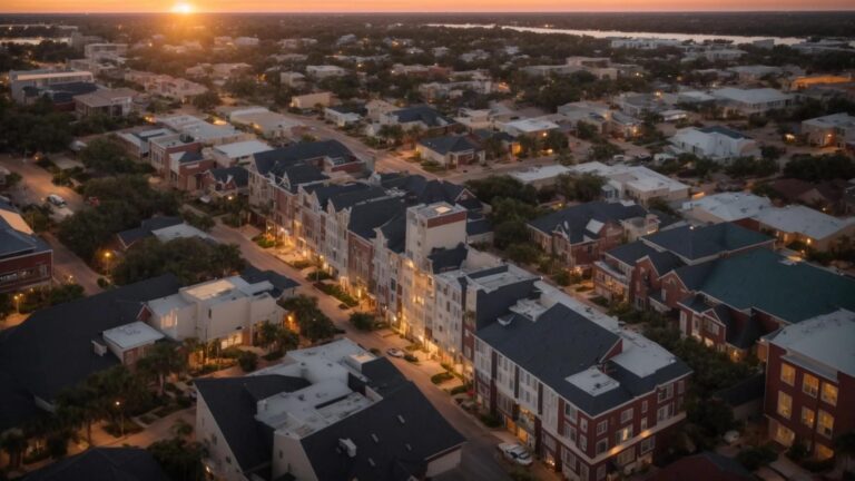 a stunning aerial view of jacksonville's diverse rooftops, showcasing a blend of traditional and modern architecture beneath a vibrant sunset, highlighting the importance of quality roofing choices.