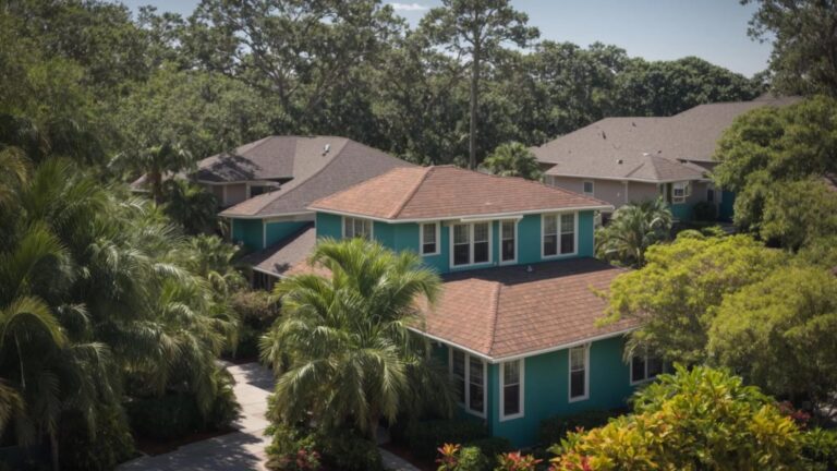 a vibrant, sunlit jacksonville neighborhood showcases a variety of well-maintained roofs, reflecting the importance of quality roofing and repair for homeowners amidst lush greenery and clear blue skies.