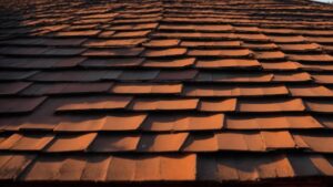 a weathered roof in jacksonville, showcasing visible signs of wear and damage illuminated by the golden light of sunset, emphasizing the urgent need for repair.