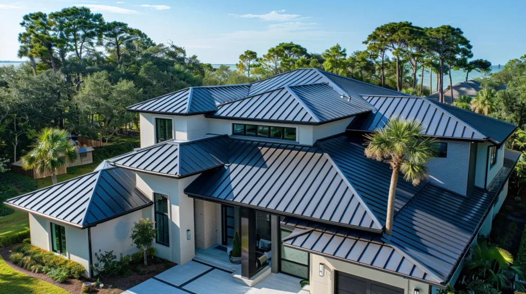 a striking aerial view of a modern jacksonville home featuring a sleek, hurricane-resistant metal roof glistening under a bright blue sky, surrounded by lush greenery, emphasizing resilience and protection against storms.