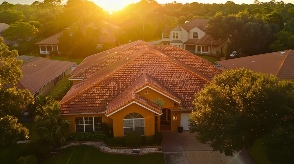 a stunning aerial view of a vibrant home with a newly installed asphalt roof shimmering under the golden sunlight in st. augustine, showcasing the beauty and revitalization of professional roof replacement.