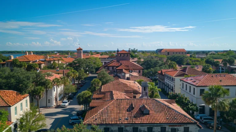 a vibrant aerial view captures the intricate array of commercial roofs in st. augustine, showcasing their diverse textures and colors against the backdrop of a clear blue sky and lush greenery.