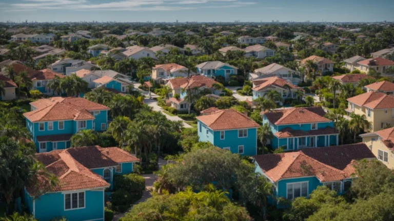 a picturesque view of a charming st. augustine neighborhood showcasing diverse, well-maintained residential roofs under a bright blue sky, with lush greenery framing the vibrant homes, symbolizing the importance of selecting the right roofing service.