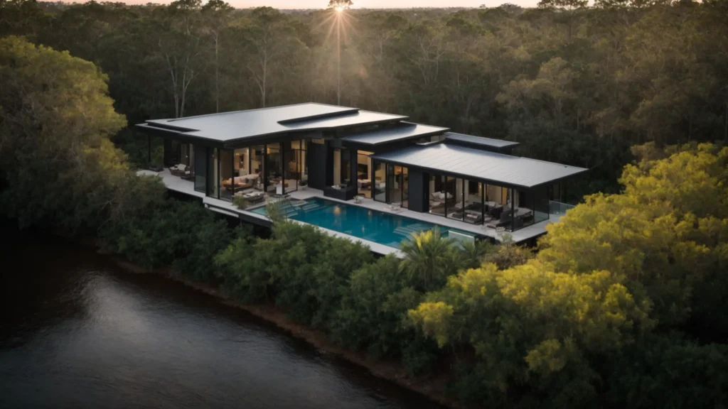 a stunning aerial view of a contemporary home in jacksonville features a gleaming metal roof reflecting the vibrant sunlight and surrounded by lush greenery, showcasing durability and modern elegance.