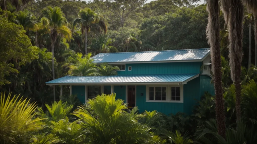 a vibrant florida landscape showcases a gleaming corrugated metal roof reflecting the bright sunshine, surrounded by lush greenery and clear blue skies, highlighting the durability and aesthetic appeal of metal roofing.