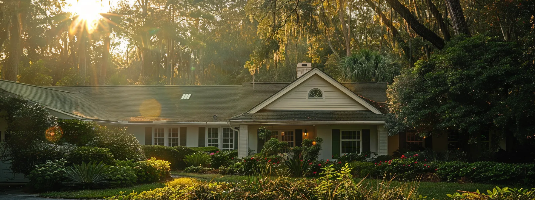 a charming jacksonville home featuring a stunning shingle roof amidst vibrant tropical landscaping, captured in warm golden-hour light for a cozy, inviting ambiance.
