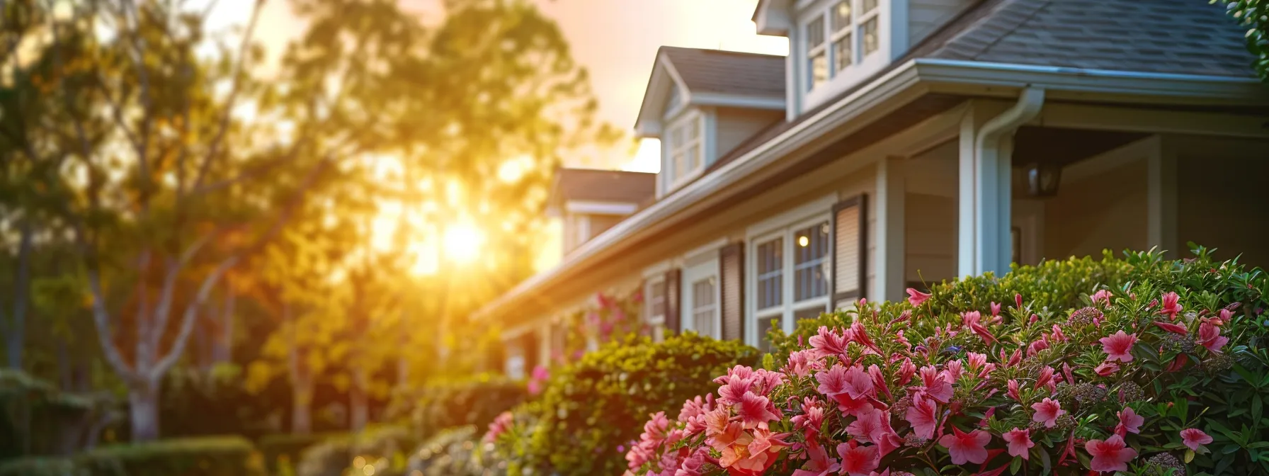 a picturesque jacksonville home showcases stunning shingle roofing, illuminated by the warm glow of a vibrant sunset, surrounded by lush greenery and blooming flowers, creating a harmonious blend of comfort and elegance.