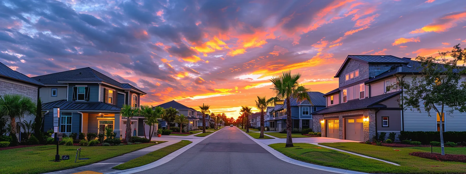 a picturesque scene showcasing stunning homes in jacksonville, florida, featuring elegant shingle and metal roofing under a vibrant sunset sky.