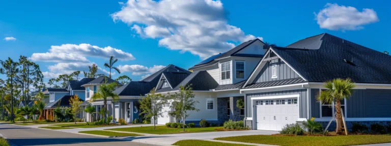 a picturesque view of beautifully designed homes in jacksonville, florida, featuring elegant shingle and metal roofing under a vibrant blue sky.