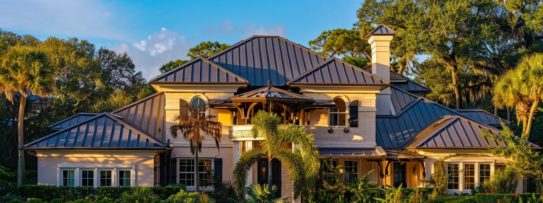 a stunning coastal home in jacksonville, florida showcases a charming blend of shingle and metal roofing, bathed in the warm glow of golden hour sunlight against a backdrop of vibrant blue skies and lush greenery.